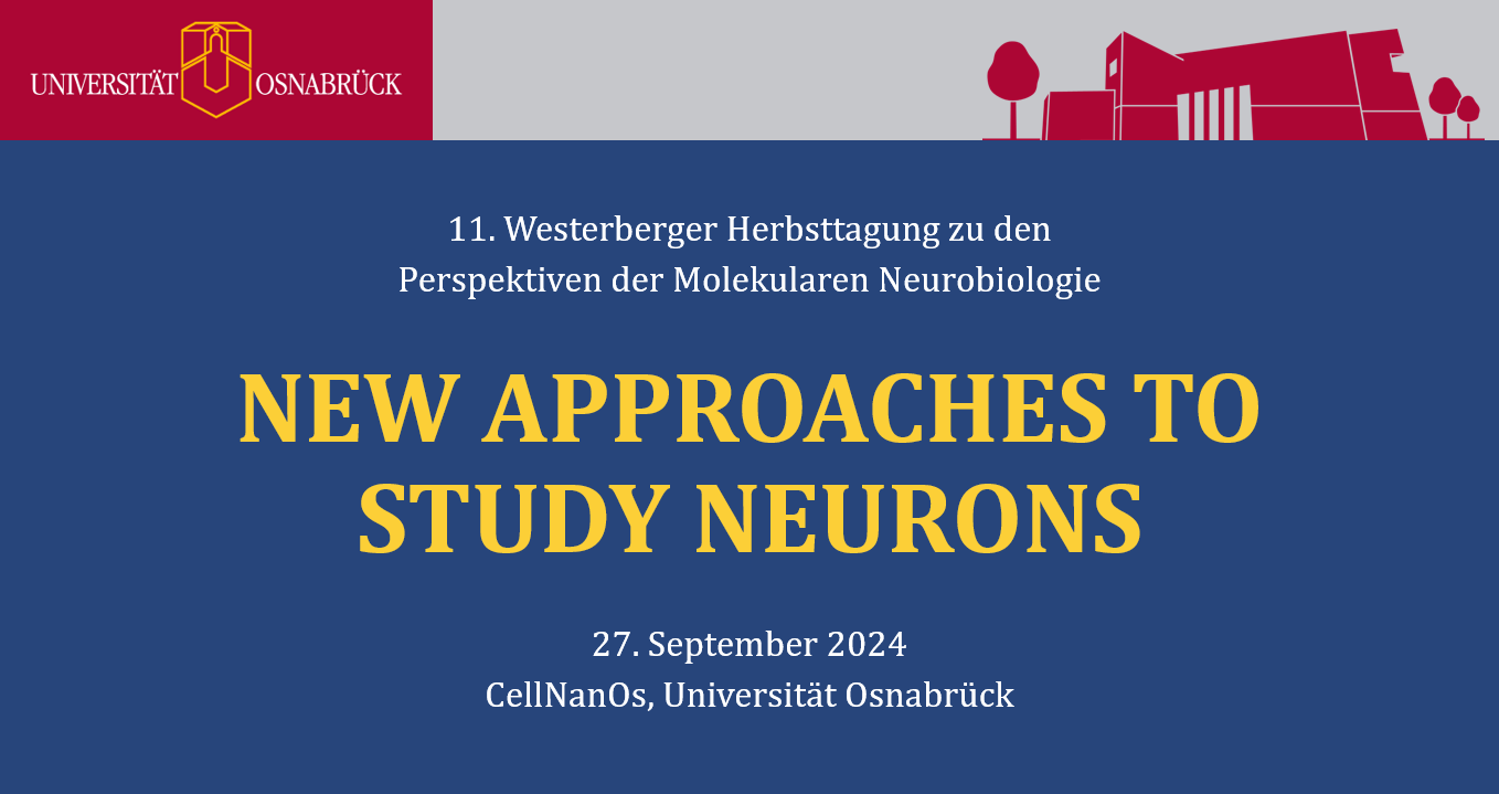 Oben links ist das Universitätslogo zu erkennen, oben rechts das der Biologie. Auf blauem Grund stehen in gelber Schrift die Wörter "New approaches to study neurons".