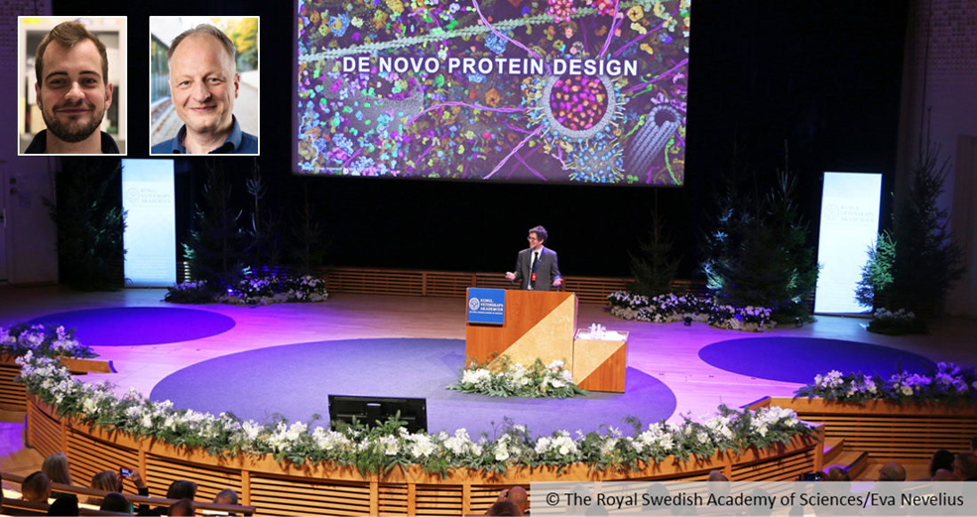 David Baker stands at a lectern, with the words ‘De Novo Protein Design’ in the background. Portraits of Jacob Piehler and Christoph Pollmann are inserted into the picture at the top left.